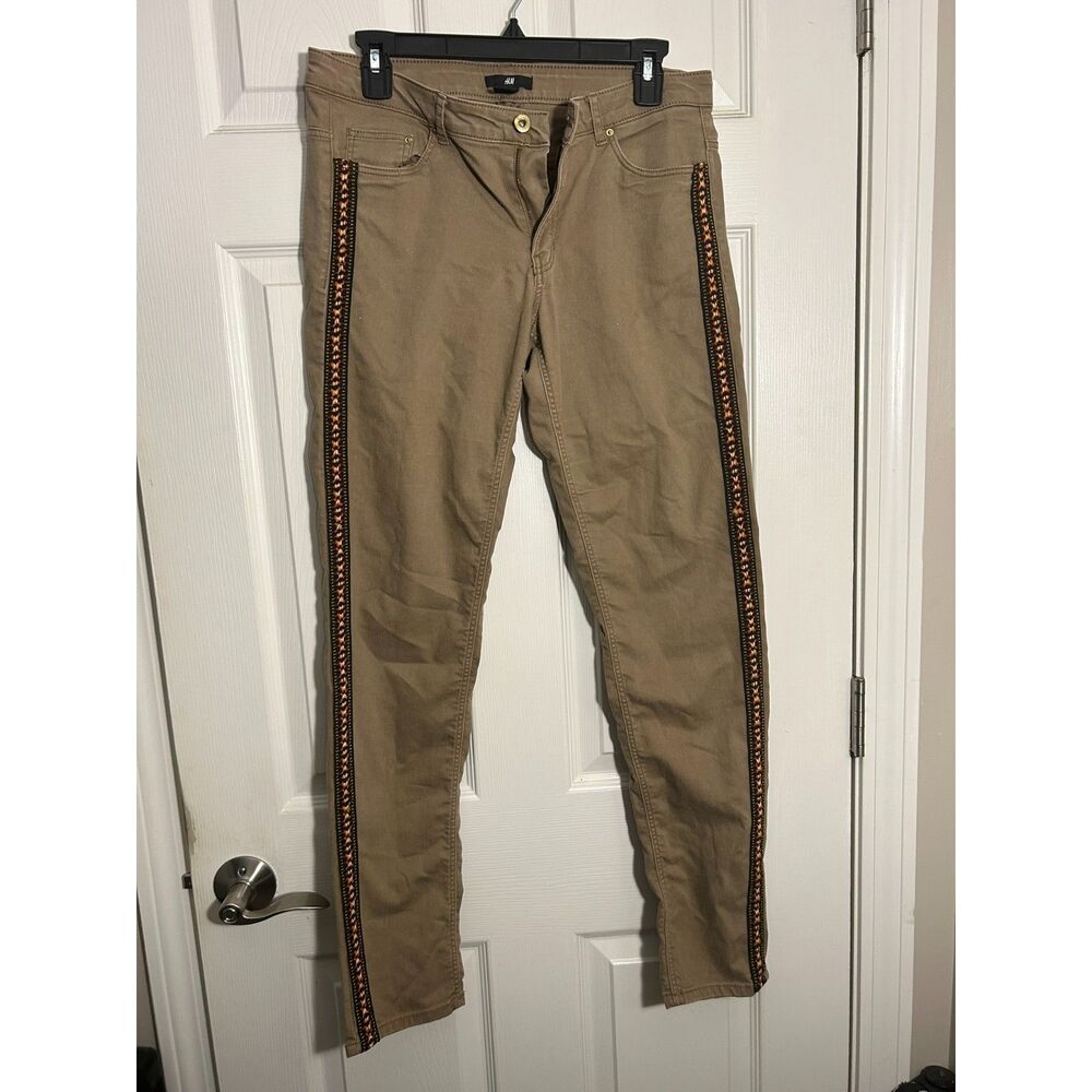 H&M Women's Khaki Tan Embroidered Boho Side Stripe Skinny Pants Size 10